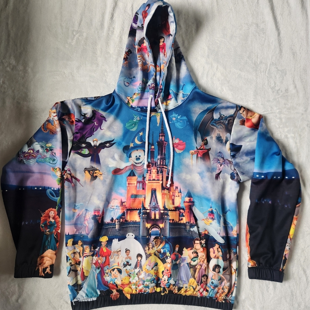 Disney All Over Print Mickey Minnie Ariel Pooh Stitch Lion King Hoodie READ